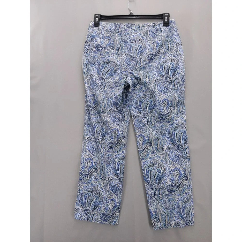 Talbots Heritage Ankle Pants Women 10 Blue Paisley Side Zip Straight Leg‎
